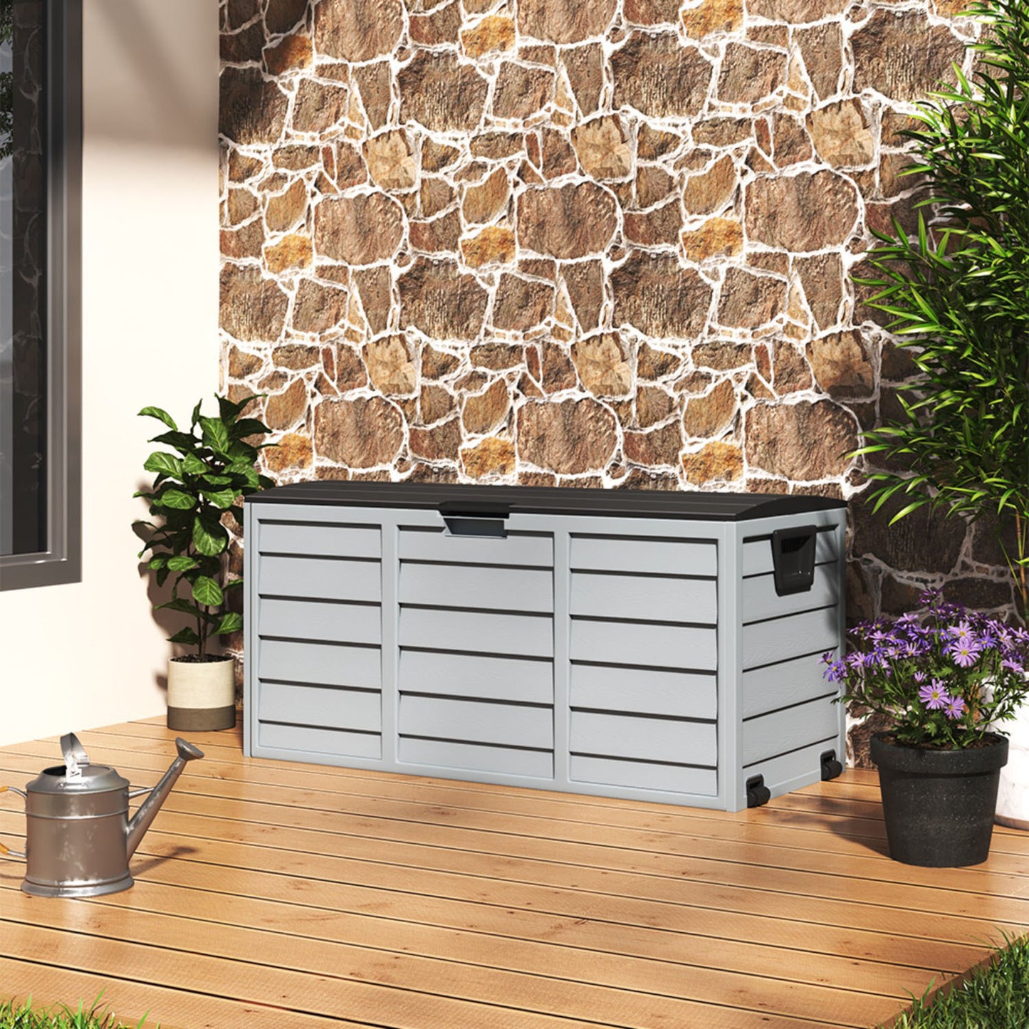 Grey & Black Outdoor 290L Plastic Garden Storage Box With Wheels