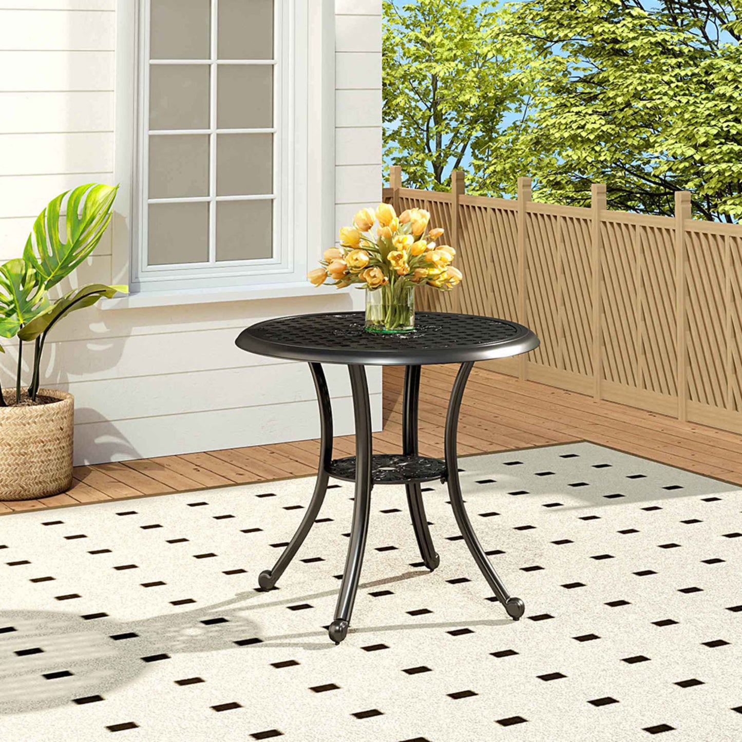 Black Cast Aluminum Round Bistro Patio Table with Parasol Hole