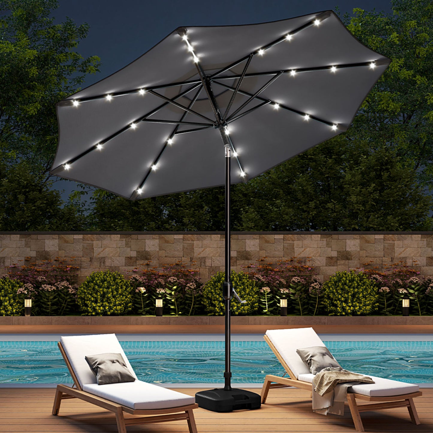 Crank and Tilt 24 Solar LED Dark Grey Garden Parasol with Plastic Fillable Base 3m