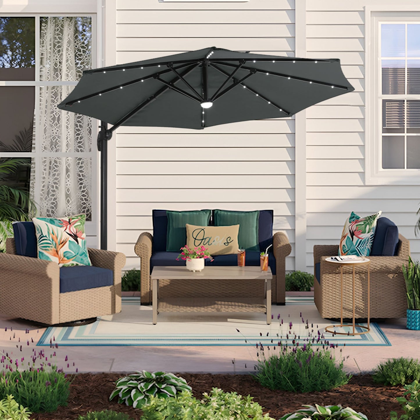 LED Round Rotatable Cantilever Parasol Dark Grey With Square Base 3M