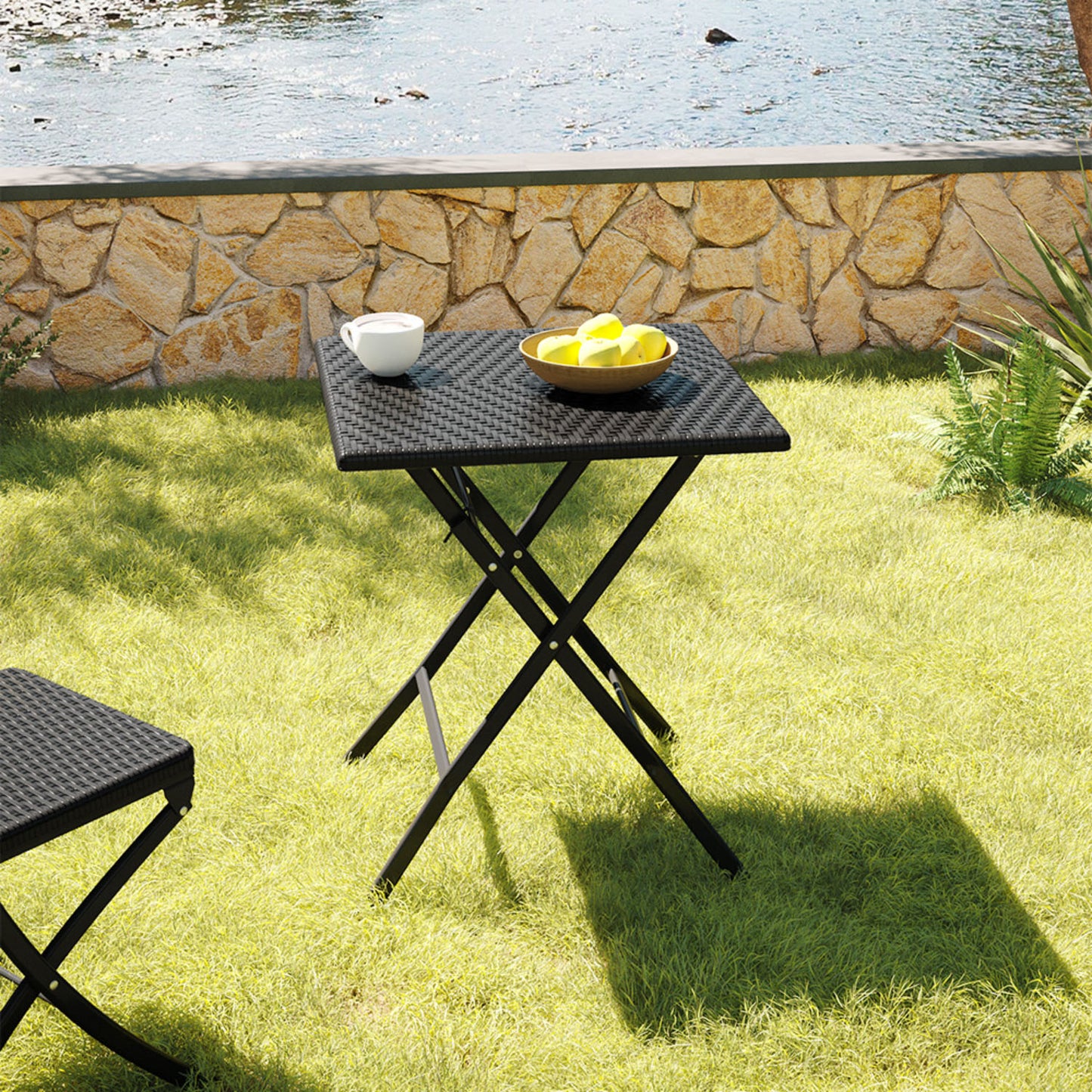 Black Square Rattan Outdoor Bistro Folding Table