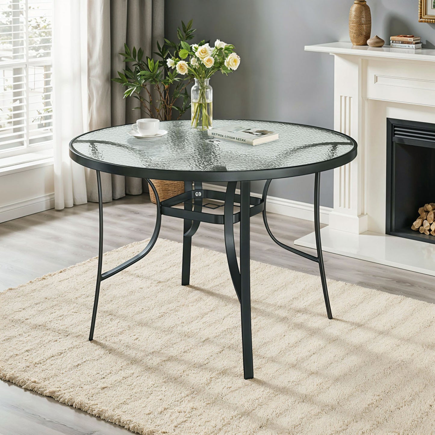 Round Tempered Glass Black Garden Table with Parasol Hole