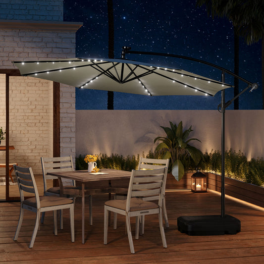Cantilever Solar LED Garden Parasol Beige Crank Lift System With Base 3m