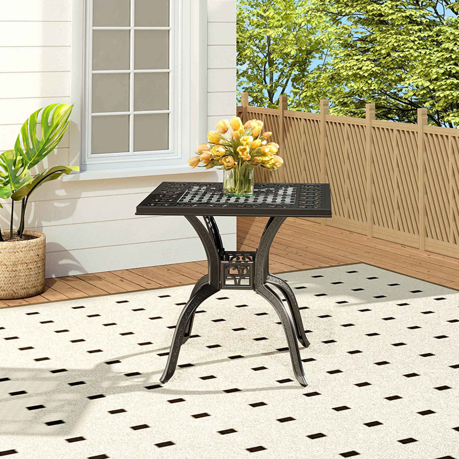 Black Cast Aluminium Square Garden Dining Table with Parasol Hole