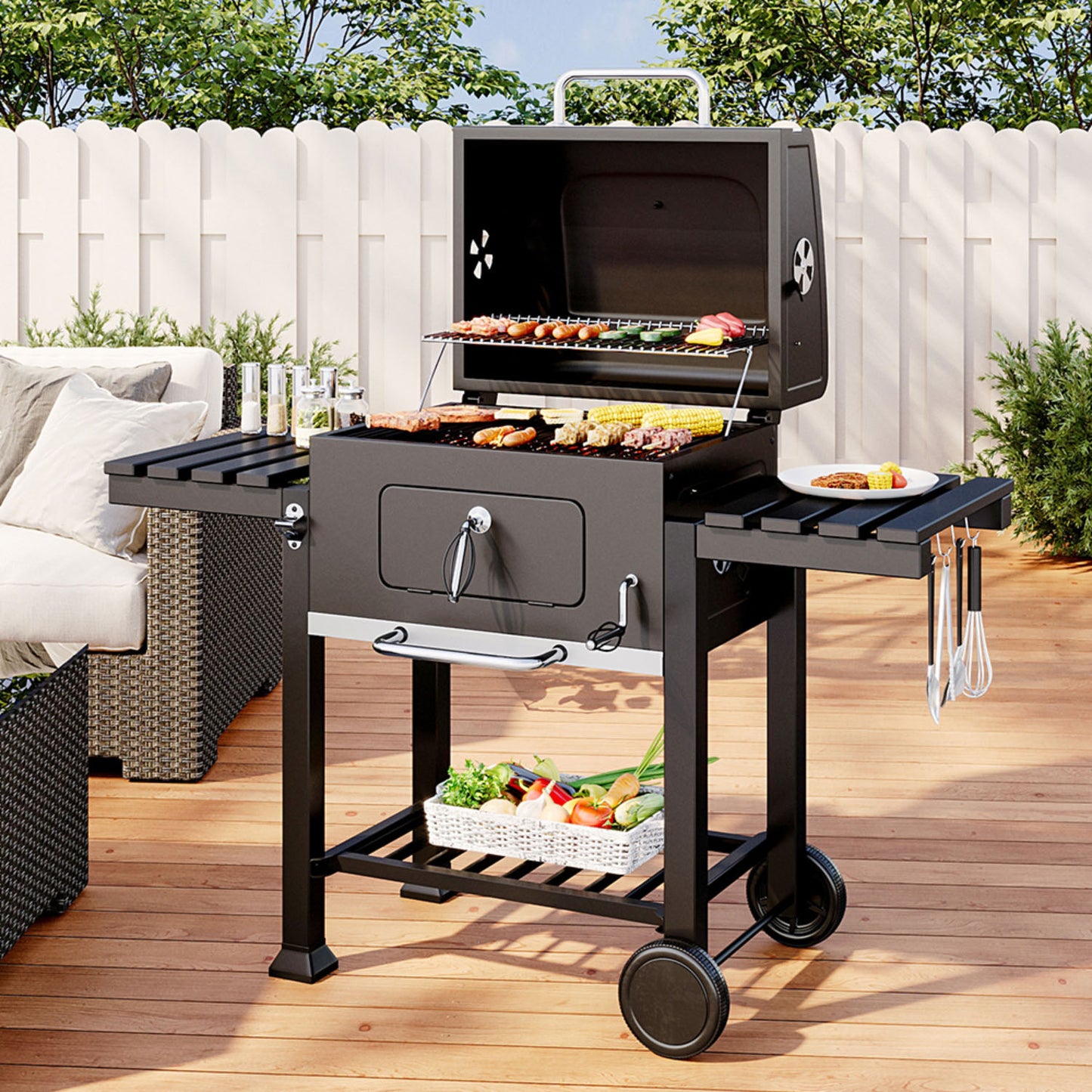 Outdoor BBQ Charcoal Grill with Side Tables