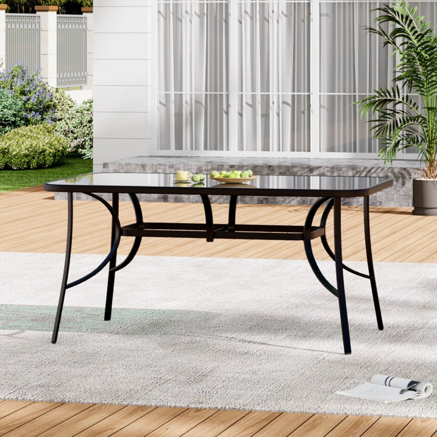 4 Seater Rectangular Tempered Glass Black Garden Table