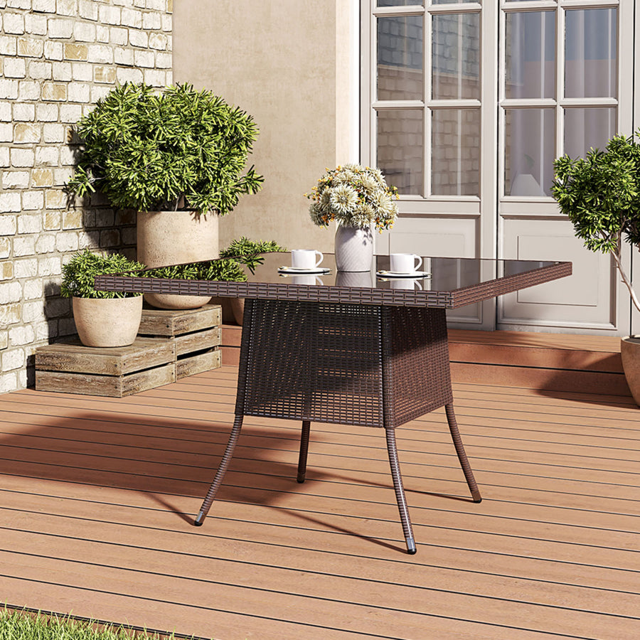 4 Seater Square Rattan Garden Dining Table Brown with Glass Top