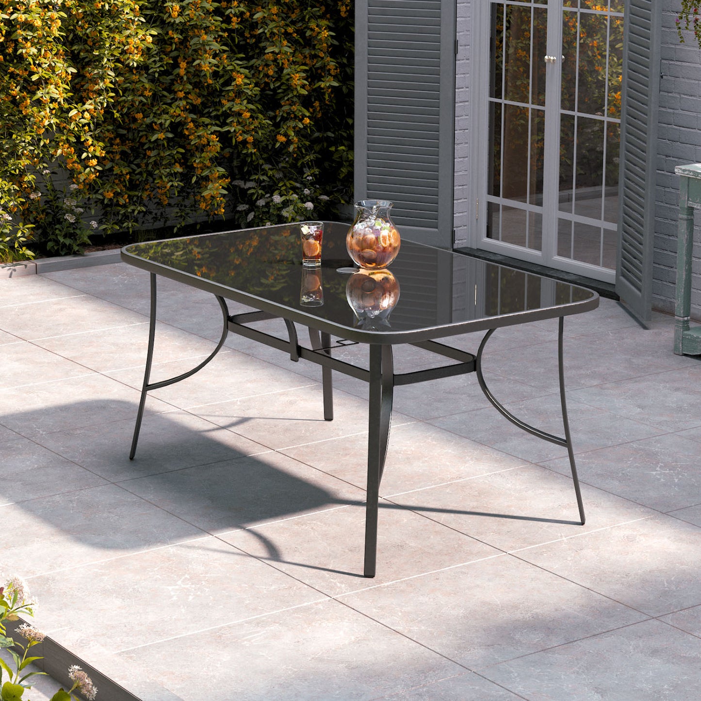 4 Seater Black Rectangular Garden Dining Table with Umbrella Hole