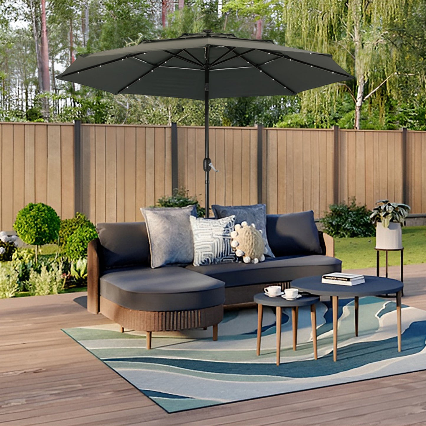 3 Tier Dark Grey Patio Umbrella With Tilt & Base 2.9M