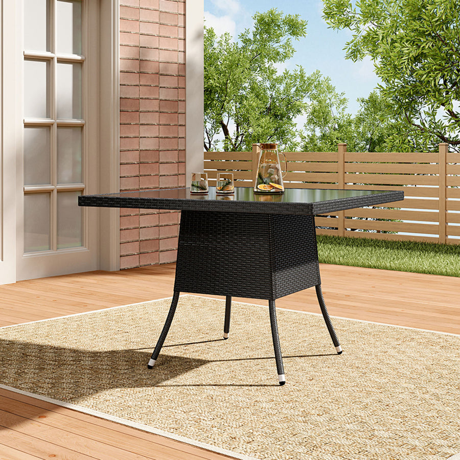 4 Seater Square Rattan Garden Table Black with Glass Top