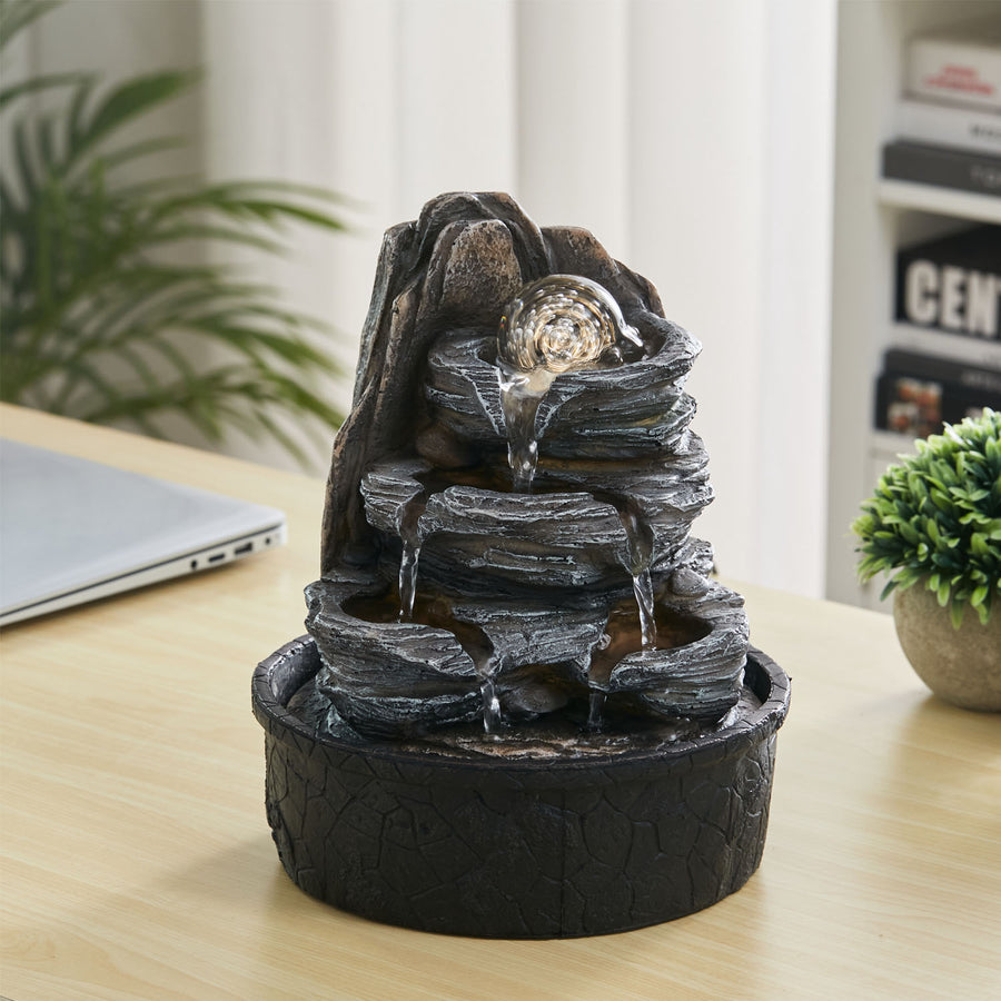 Multi Tier Black Rock Fountain with LED Crystal Ball
