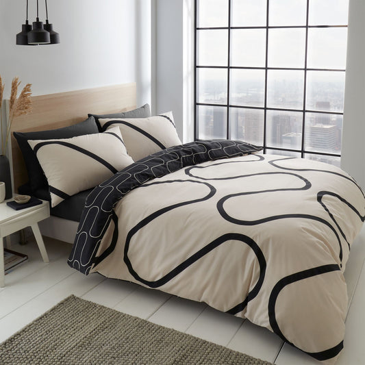 Catherine Lansfield Linear Curve Black Geometric Reversible Duvet Set
