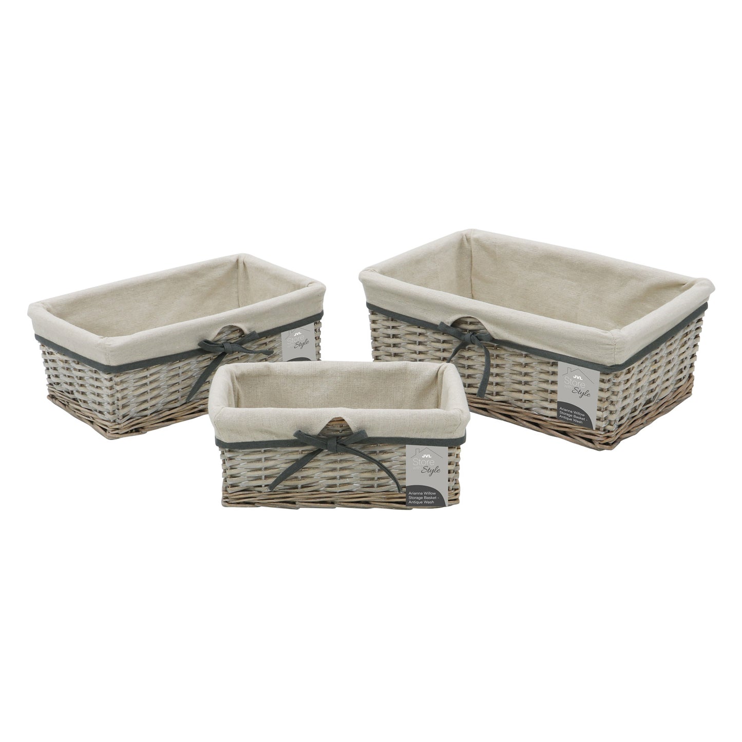 Arianna Antique Wash Set of 3 Rectangular Willow Storage Baskets