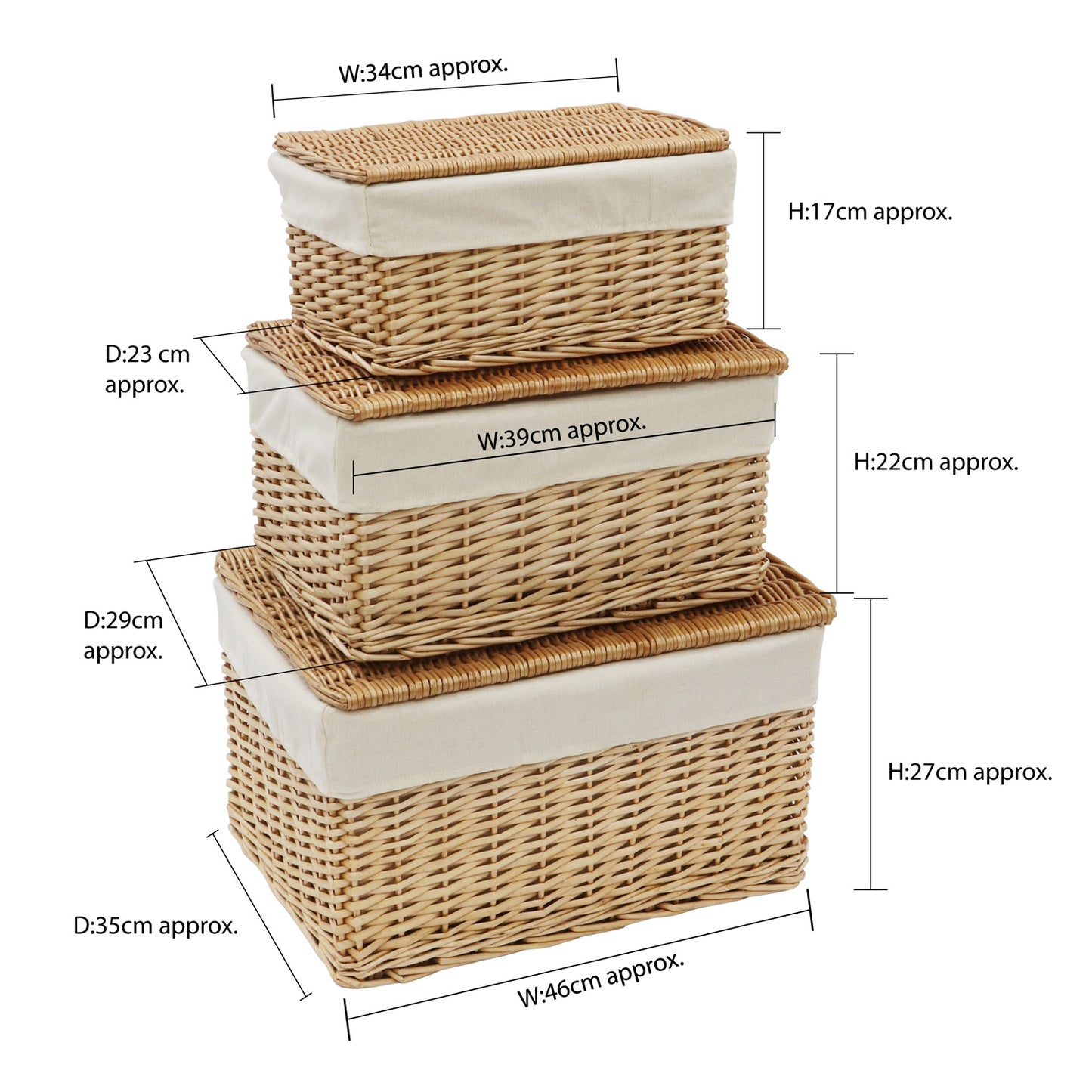 Acacia Honey Set of 3 Rectangular Willow Hamper Baskets