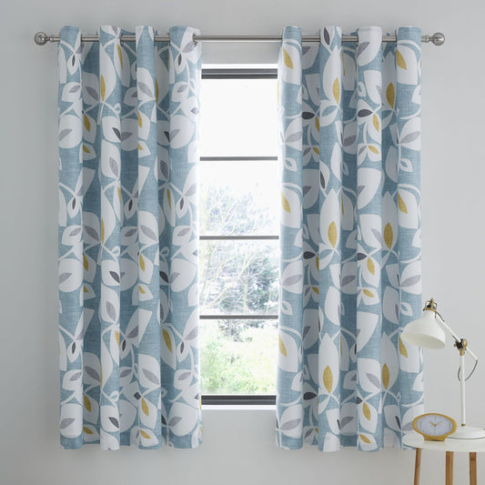 Catherine Lansfield Inga Leaf Teal Lined Eyelet Curtains