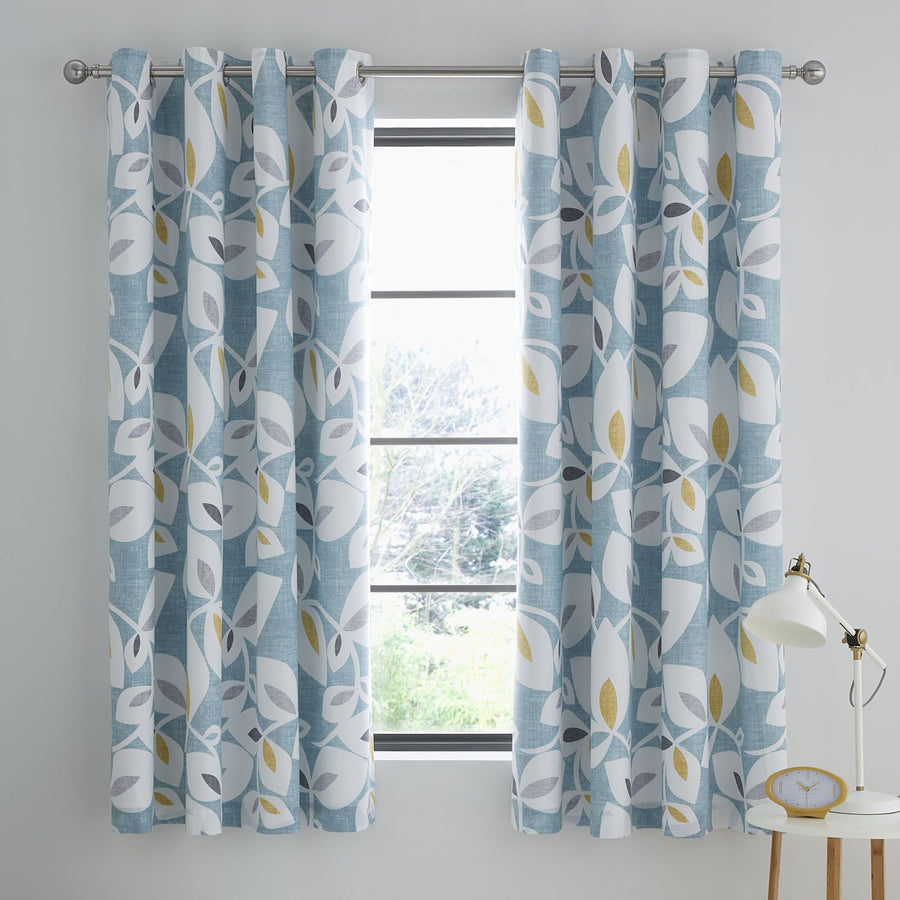 Catherine Lansfield Inga Leaf Teal Lined Eyelet Curtains