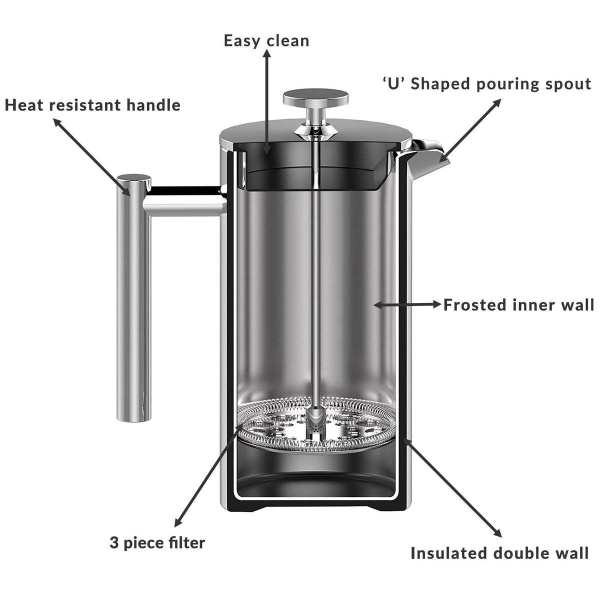 French Press Cafetiere Steel Coffee Maker 1500ml