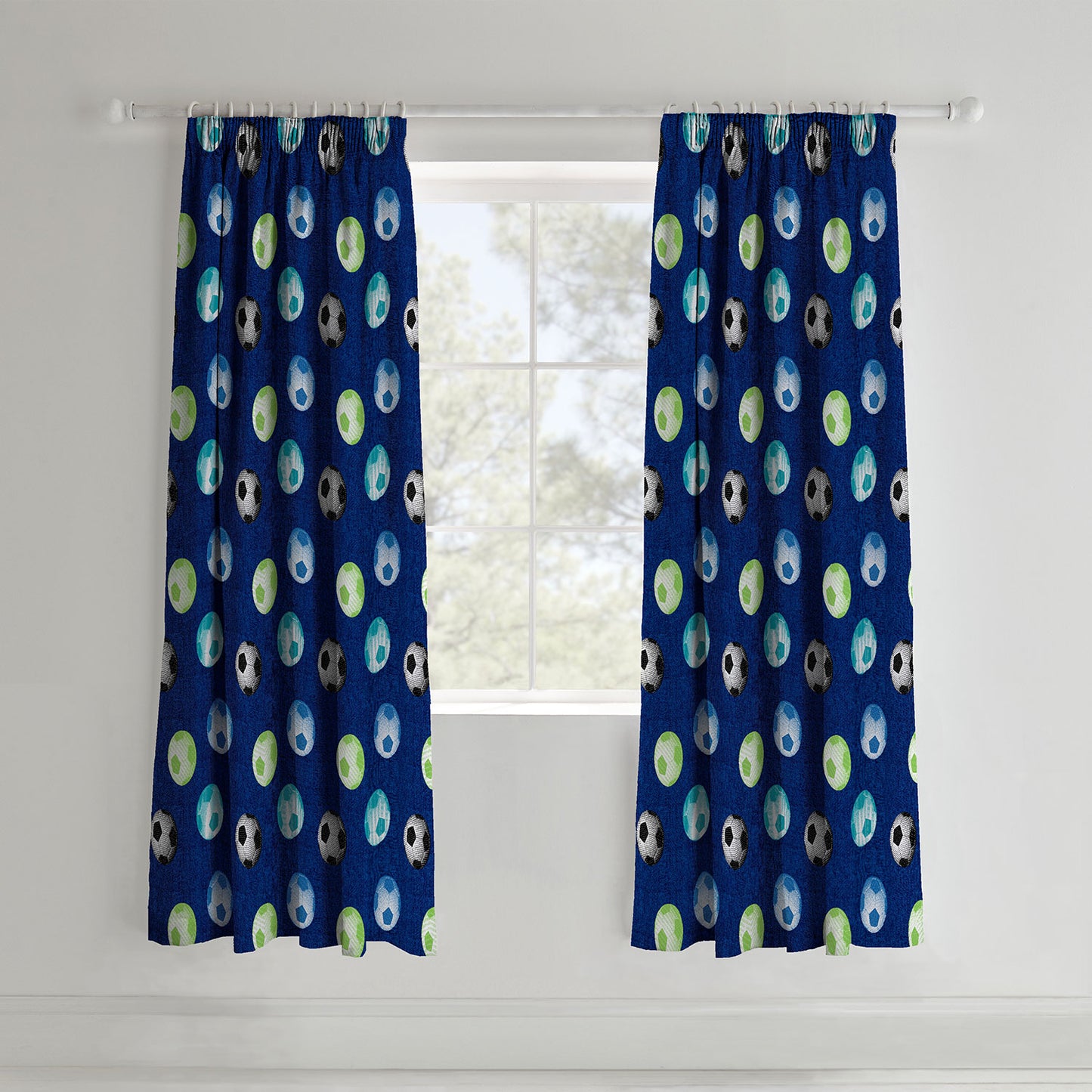 Catherine Lansfield Blue Football Lined Pencil Pleat Curtains