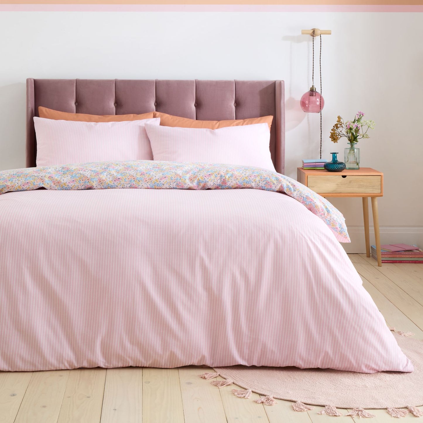 Catherine Lansfield Darcy Pink Floral Reversible Duvet Set