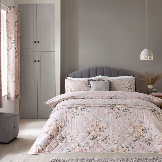 Catherine Lansfield Canterbury Blush Floral Reversible Quilted Bedspread