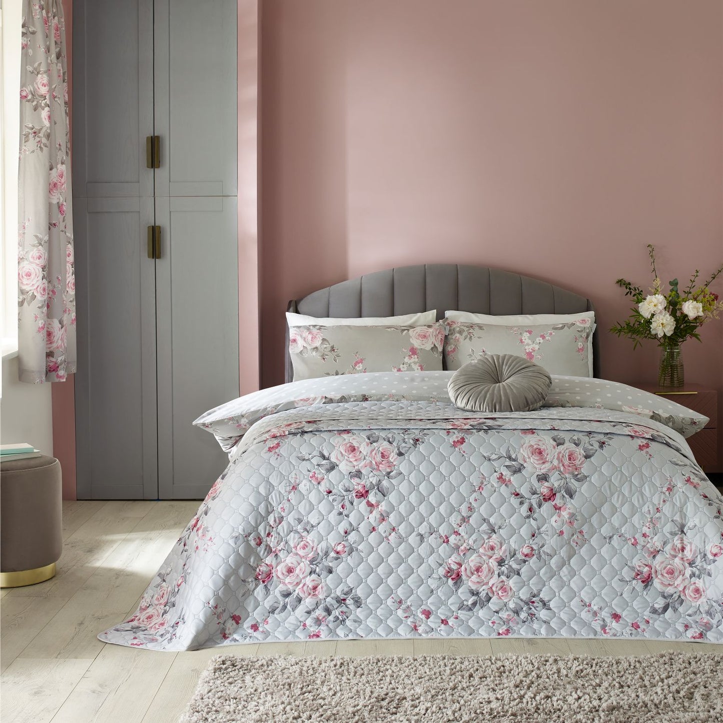 Catherine Lansfield Canterbury Grey Floral Reversible Quilted Bedspread