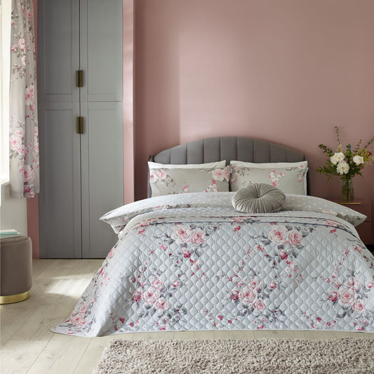 Catherine Lansfield Canterbury Grey Floral Reversible Quilted Bedspread