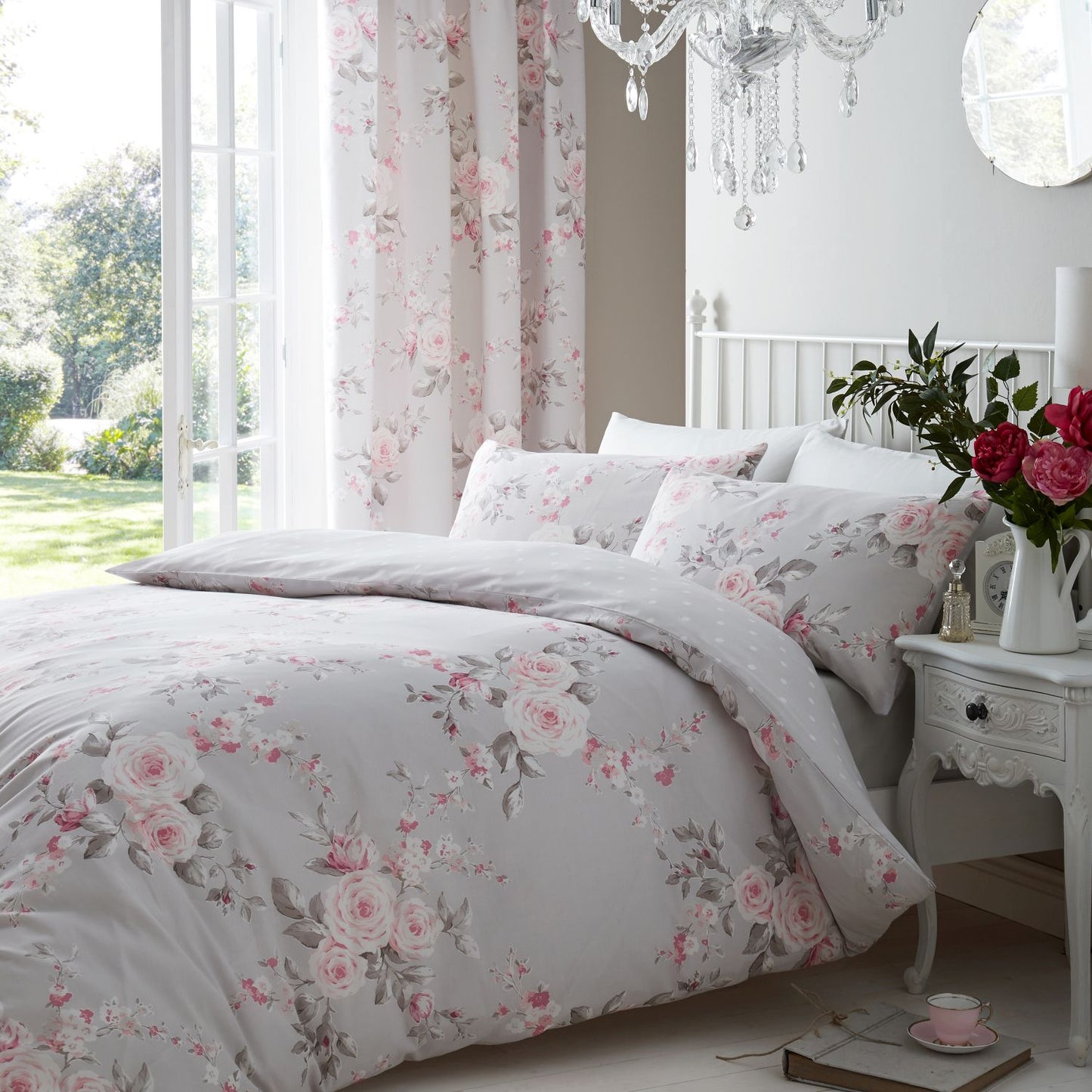 Catherine Lansfield Canterbury Grey Floral Lined Curtains