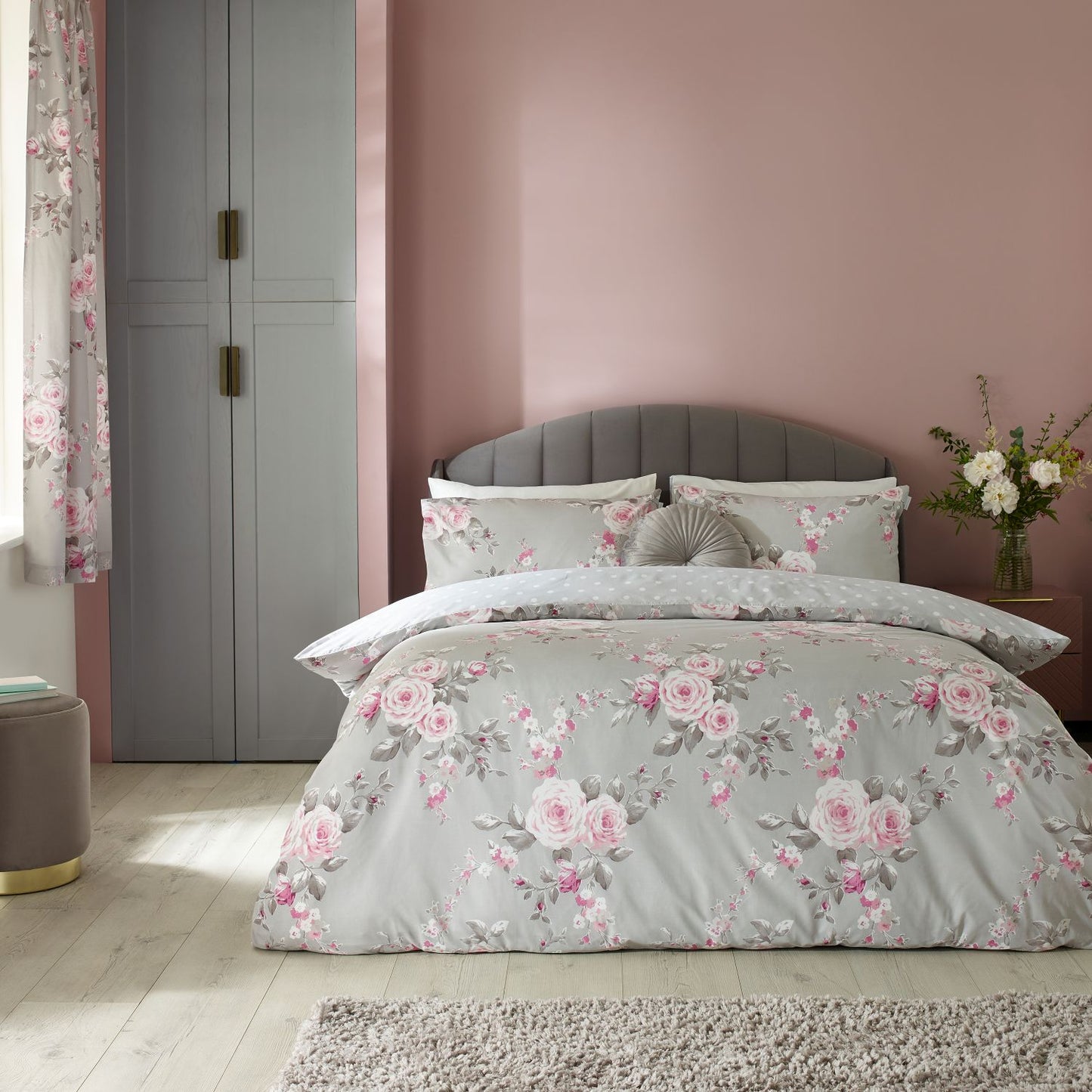 Catherine Lansfield Canterbury Grey Floral Reversible Duvet Set