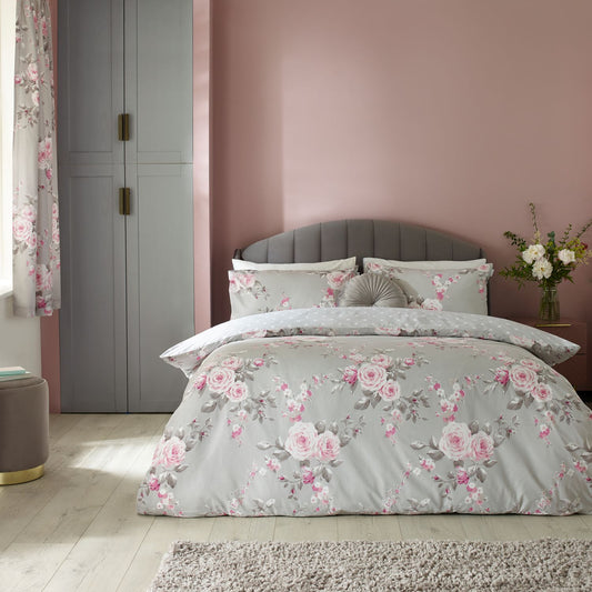 Catherine Lansfield Canterbury Grey Floral Reversible Duvet Set