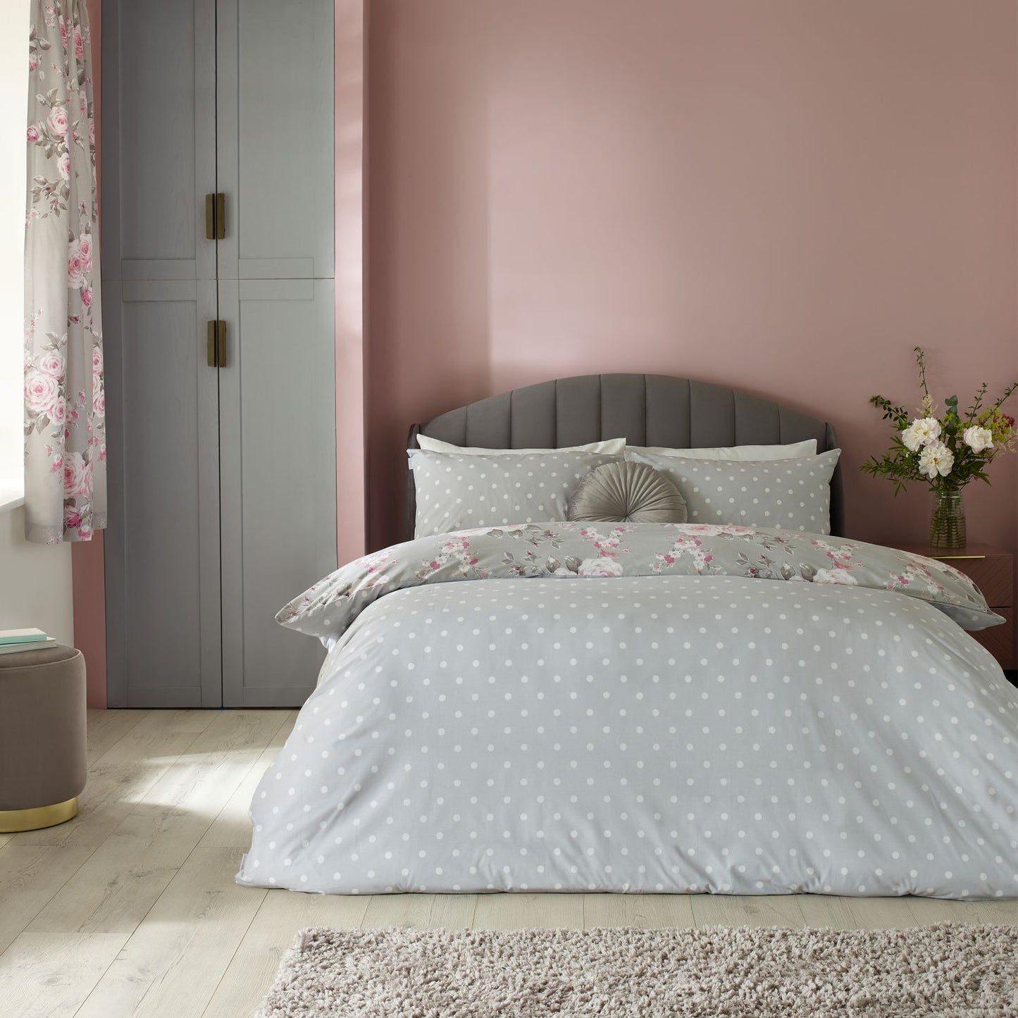 Catherine Lansfield Canterbury Grey Floral Reversible Duvet Set
