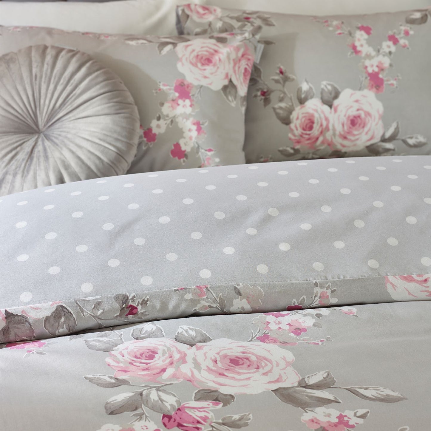 Catherine Lansfield Canterbury Grey Floral Reversible Duvet Set