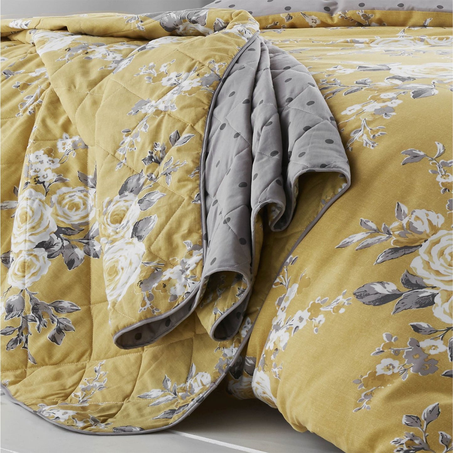Catherine Lansfield Canterbury Ochre Floral Reversible Quilted Bedspread