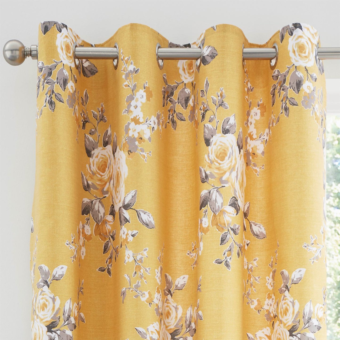 Catherine Lansfield Canterbury Floral Ochre Lined Eyelet Curtains