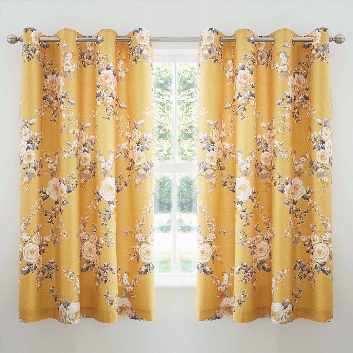 Catherine Lansfield Canterbury Floral Ochre Lined Eyelet Curtains