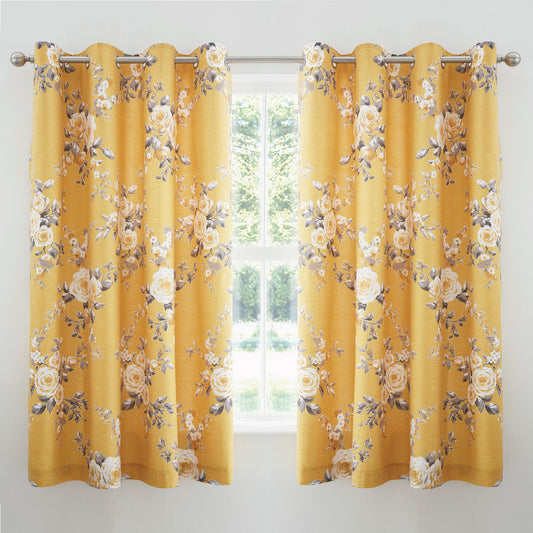 Catherine Lansfield Canterbury Floral Ochre Lined Eyelet Curtains