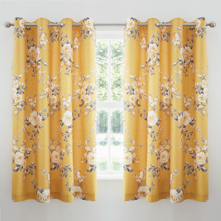 Catherine Lansfield Canterbury Floral Ochre Lined Eyelet Curtains