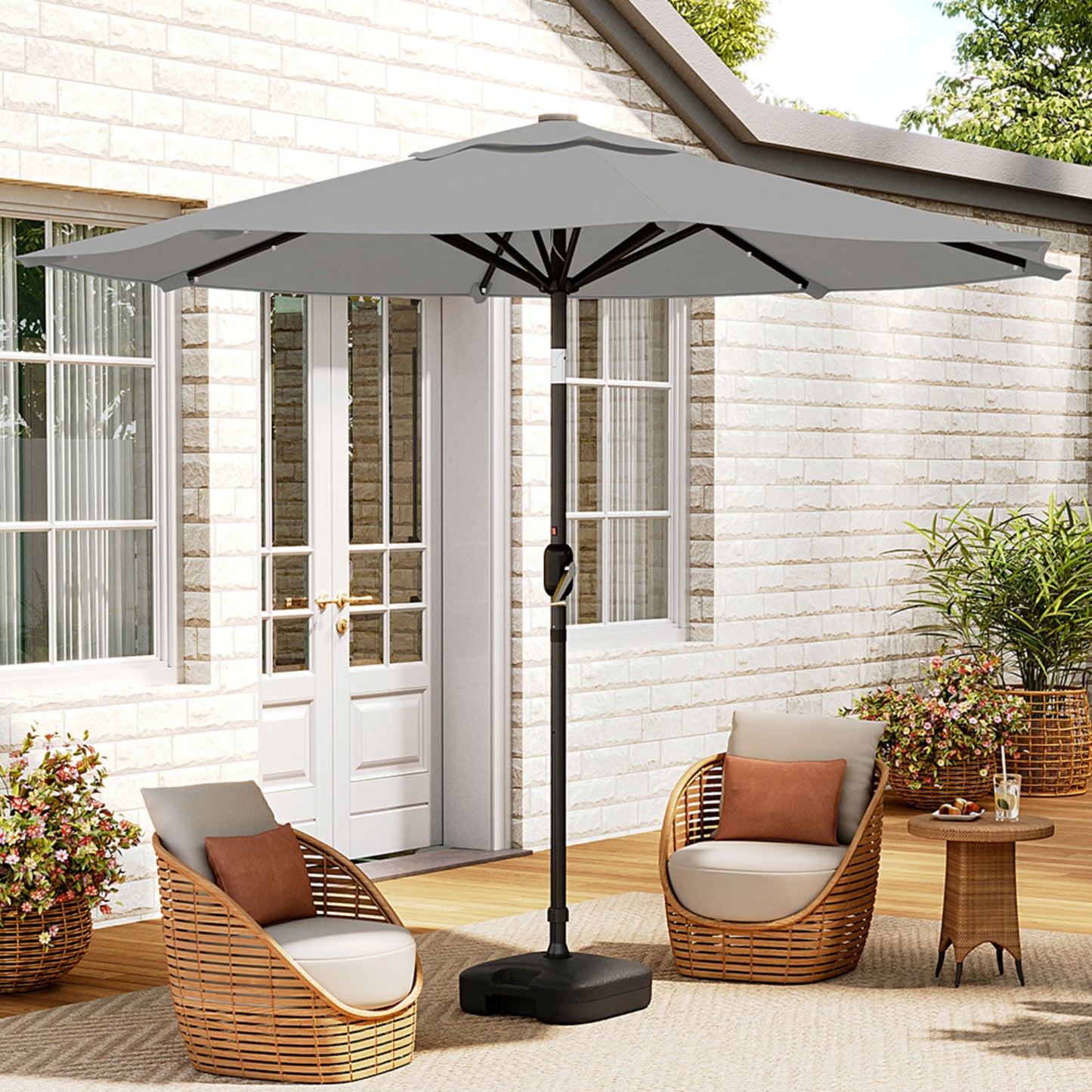Crank and Tilt 24 Solar LED Light Grey Garden Parasol with Plastic Fillable Base 3m