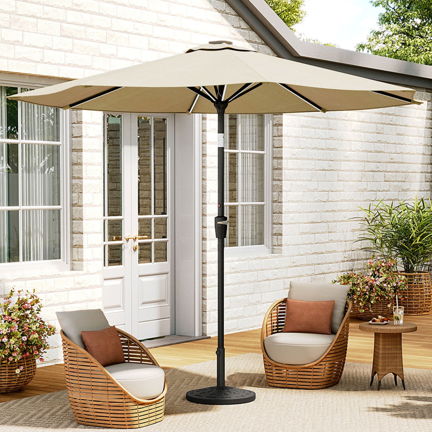 Solar LED Crank & Tilt Parasol Beige with Resin Floral Base 3M