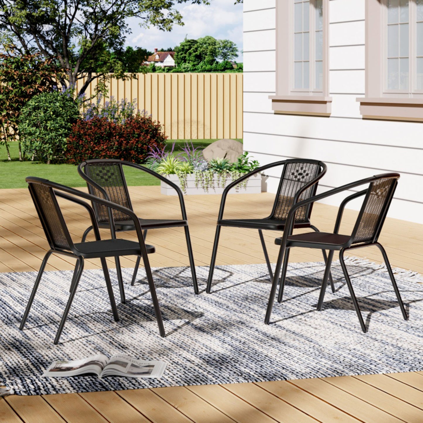 Set of 4 Black PE Rattan Stacking Garden Chairs