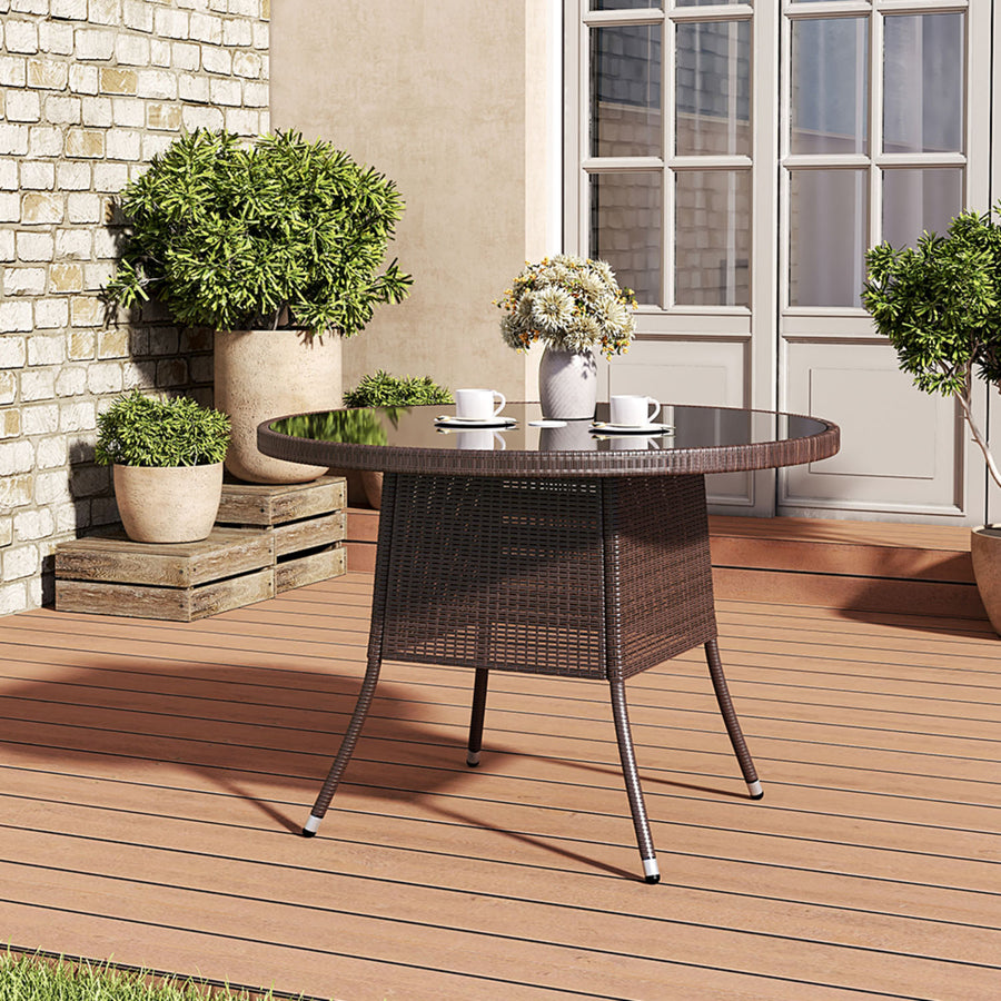 4 Seater Round Rattan Garden Table Brown with Tempered Glass Top