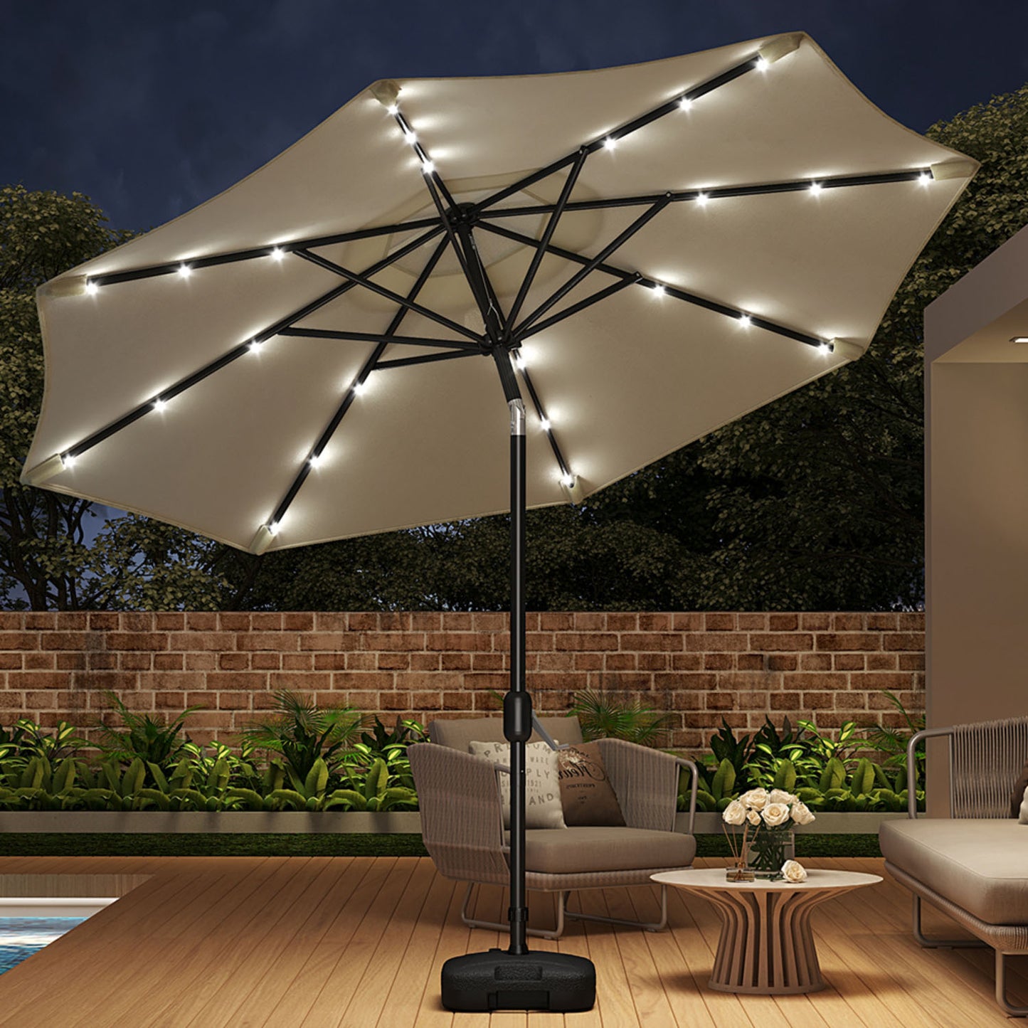 Crank and Tilt 24 Solar LED Parasol Beige with Plastic Fillable Base 3m