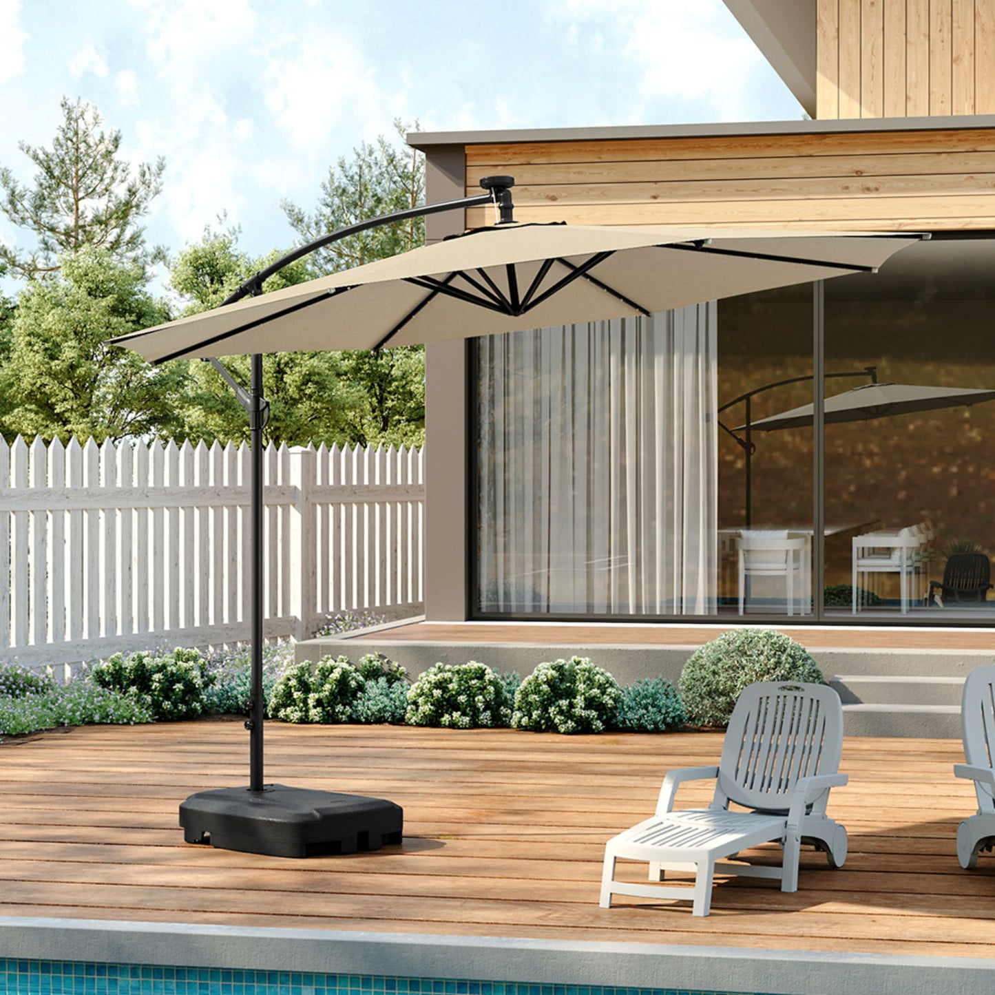 Cantilever Solar LED Garden Parasol Beige Crank Lift System With Base 3m