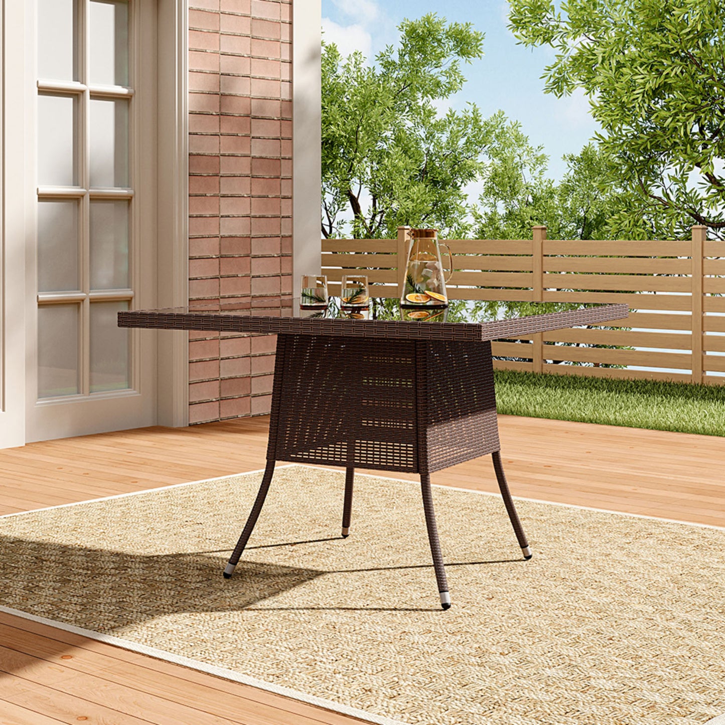4 Seater Square Rattan Garden Dining Table Brown with Glass Top