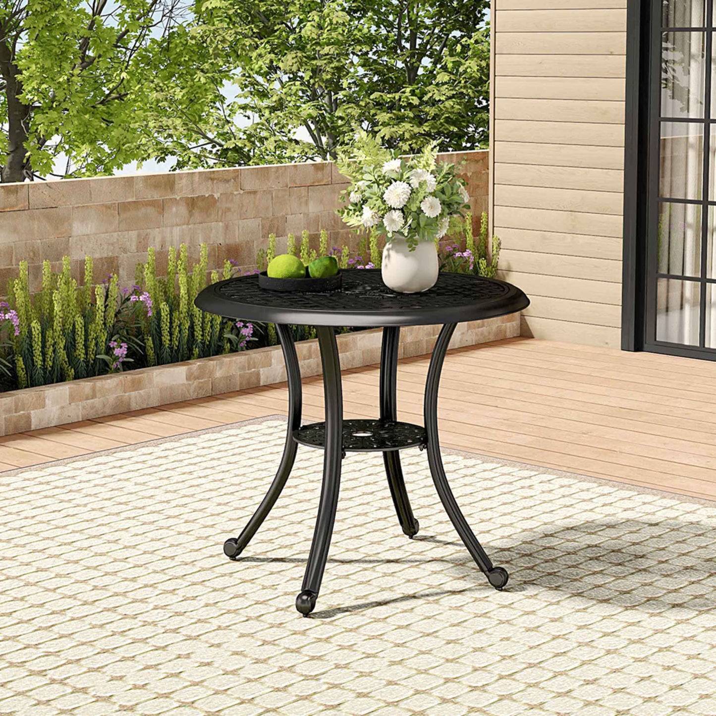 Black Cast Aluminum Round Bistro Patio Table with Parasol Hole
