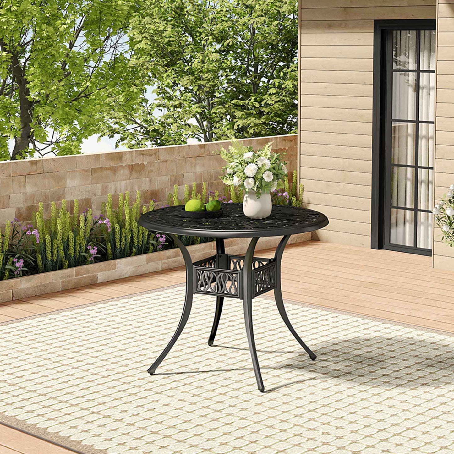 4 Seater Round Cast Aluminum Black Garden Table with Parasol Hole
