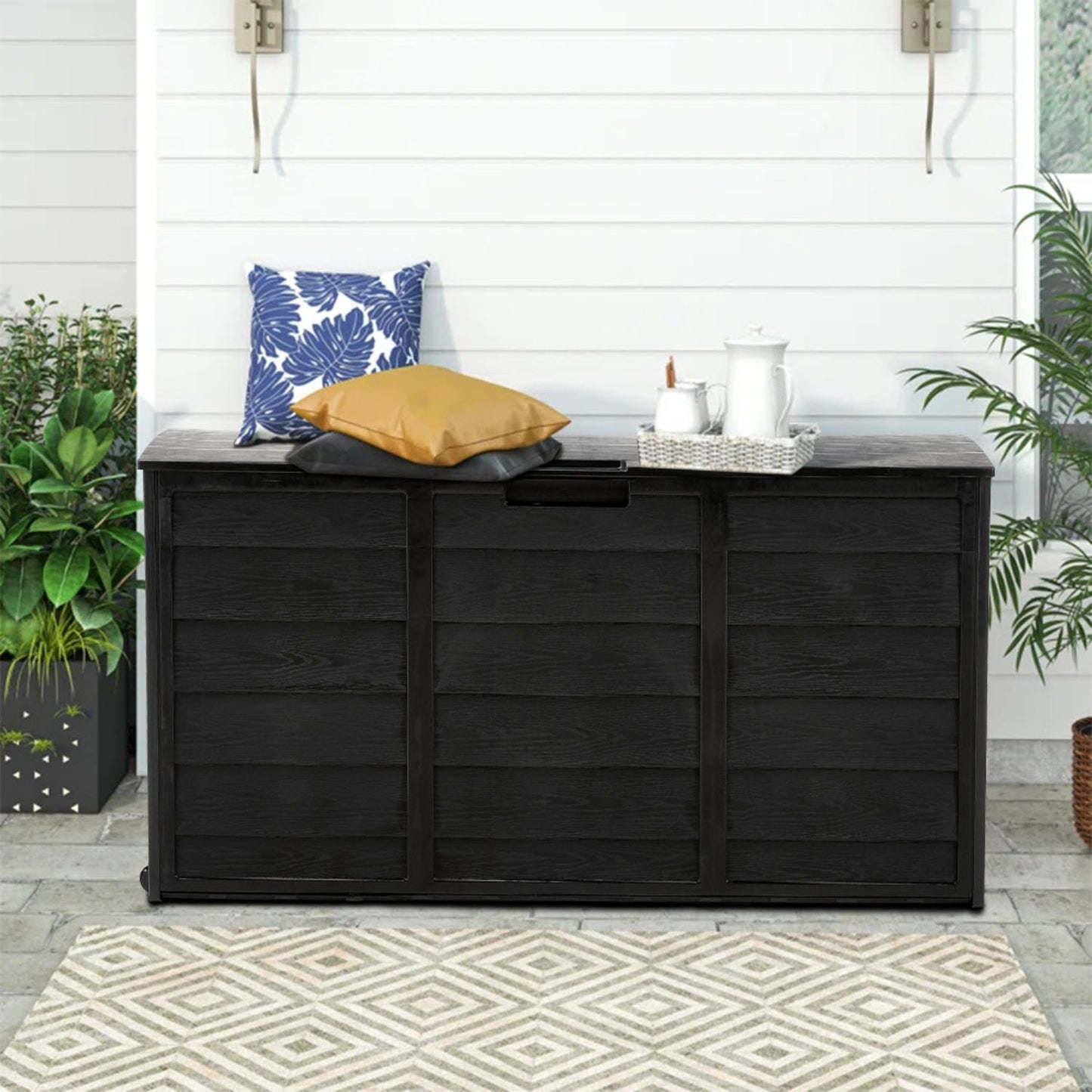 Black Outdoor 290L Plastic Garden Storage Box With Wheels