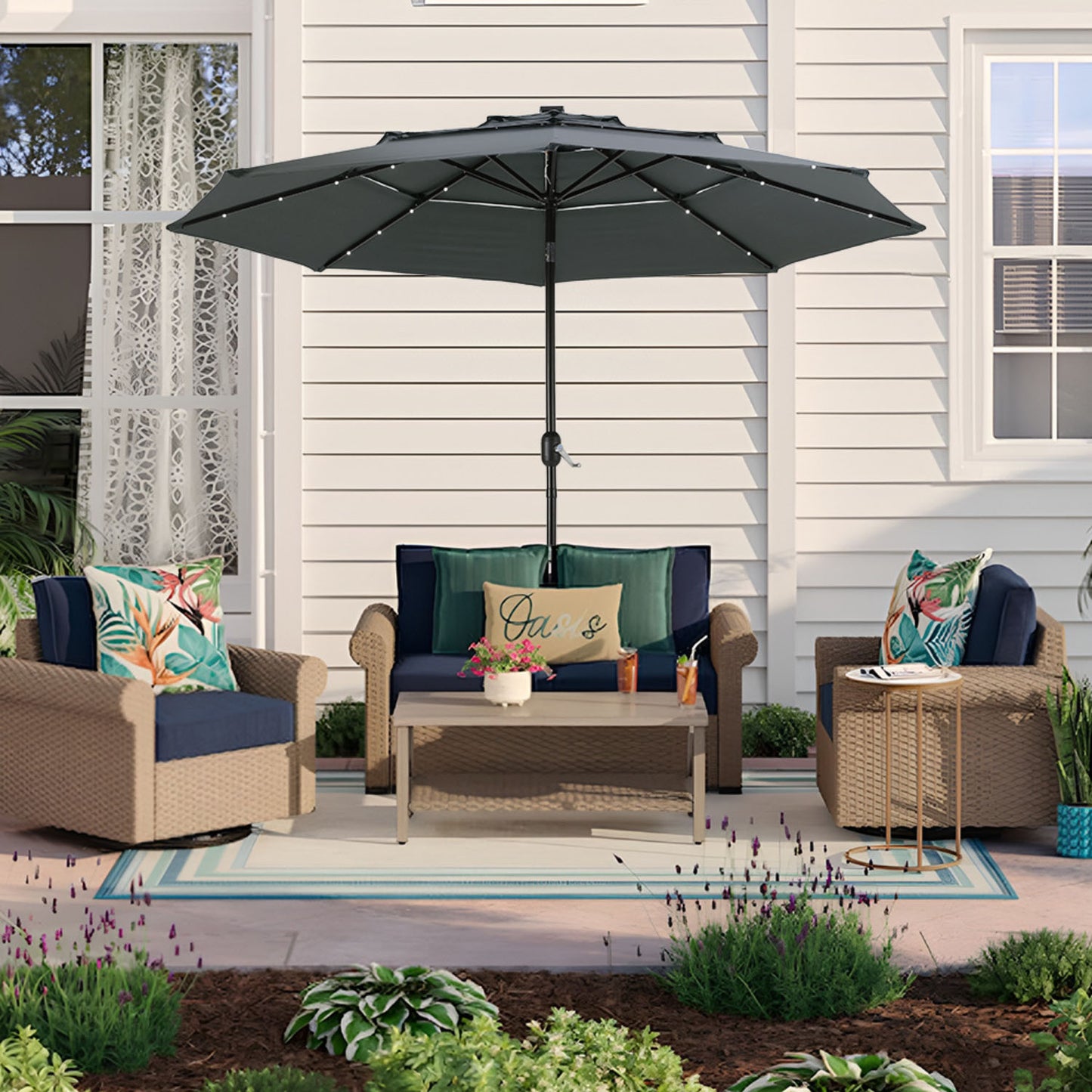 3 Tier Dark Grey Patio Umbrella With Tilt & Base 2.9M