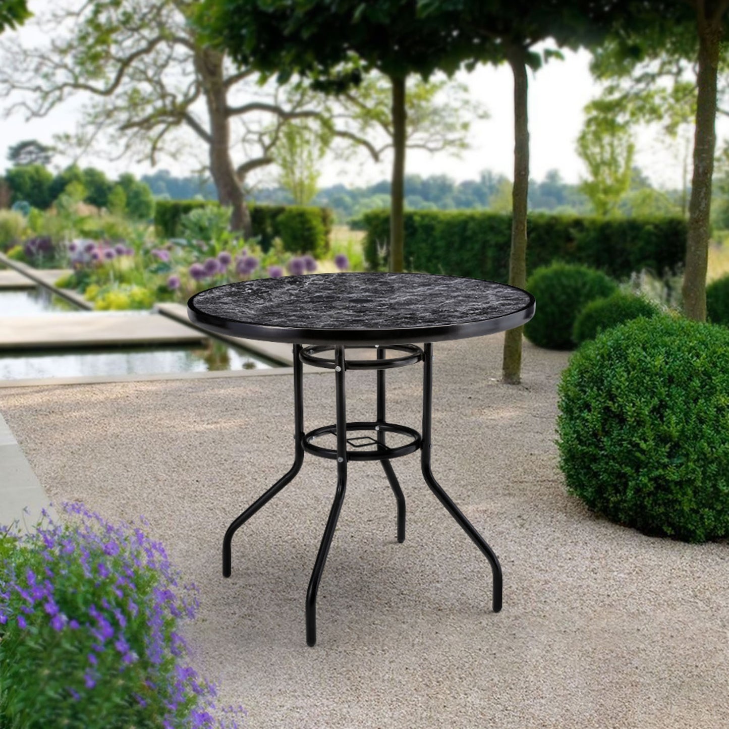 Tempered Glass Black Round Marble Effect Garden Coffee Table