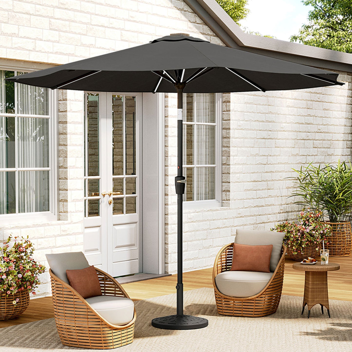 Solar LED Crank & Tilt Dark Grey Parasol With Resin Floral Base 3M
