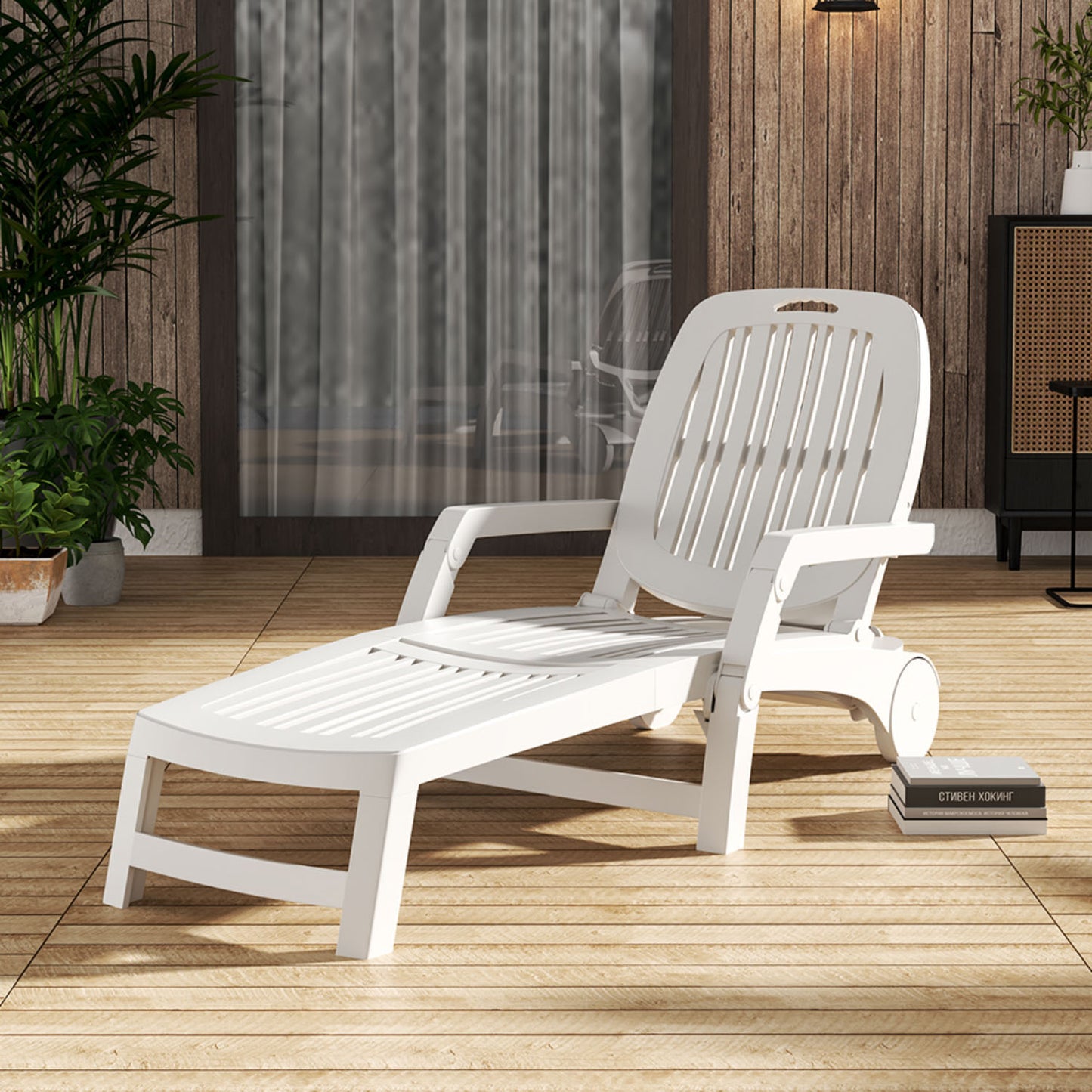 Adjustable Folding Lounge Recliner Chair with Wheels White